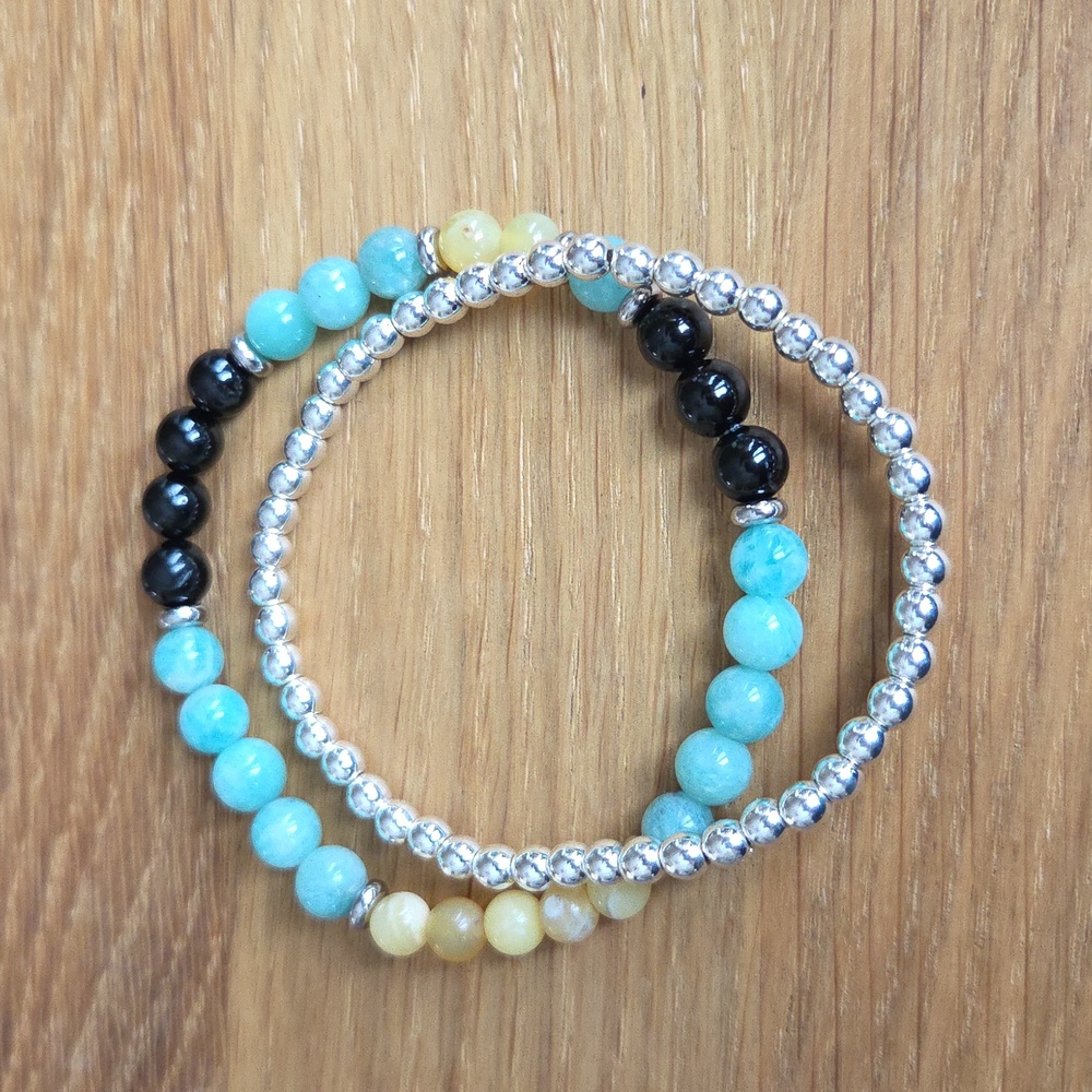 Amazonite, Yellow Opal, Silver Hematite Bead Bracelet Set, Stretch, Hand Crafted - Picture 9 of 11
